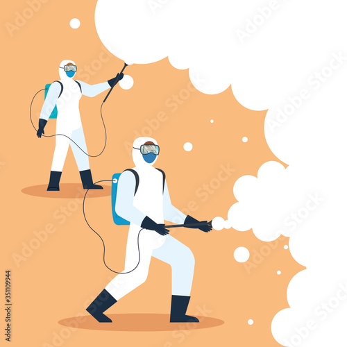 people with protective suit or spraying viruses of covid 19, desinfection virus concept