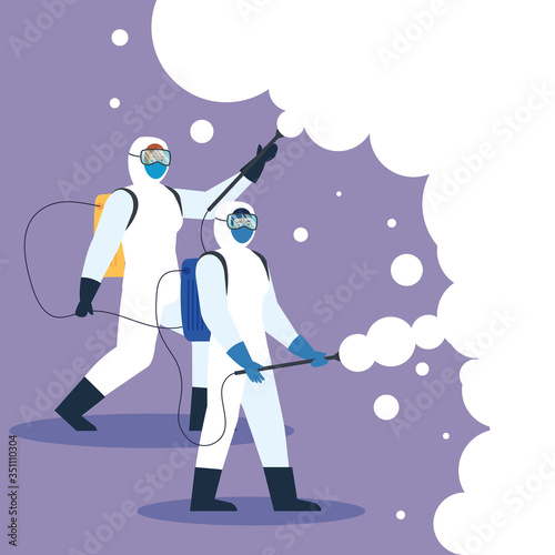 people with protective suit or spraying viruses of covid 19, desinfection virus concept