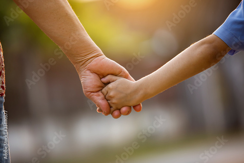 Nature a parent holds the hand of a small child