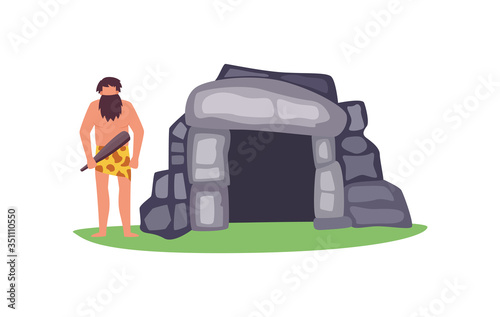 Stone age house with primitive man character, flat vector Illustration isolated.