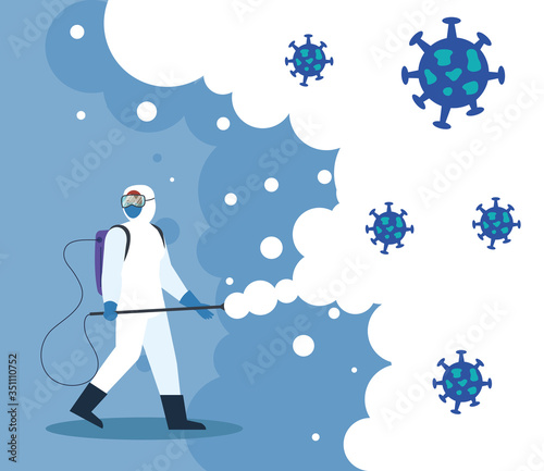 person with protective suit or spraying viruses and particles covid 19, desinfection virus concept vector illustration design
