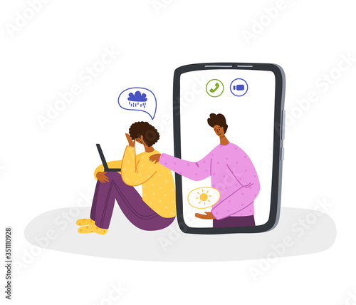 Psychological online services - personal distance support or assistance at home by internet. Upset girl crying, talking with psychologist by phone, individual therapy session or consultation vector