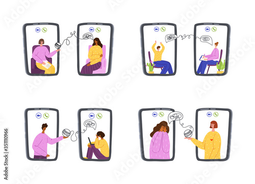 Psychological online services - personal distance support or assistance at home by internet. Upset people crying, talking with psychologist by phone, individual therapy session or consultation vector