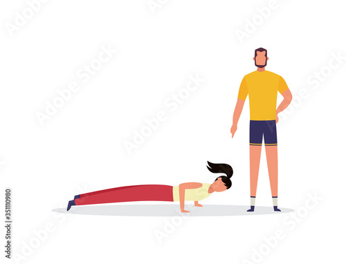 Personal sport workout and fitness coaching flat vector illustration isolated.