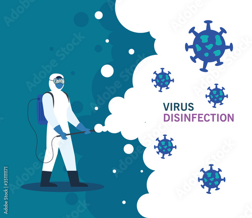 person with protective suit or spraying viruses and particles covid 19, desinfection virus concept vector illustration design