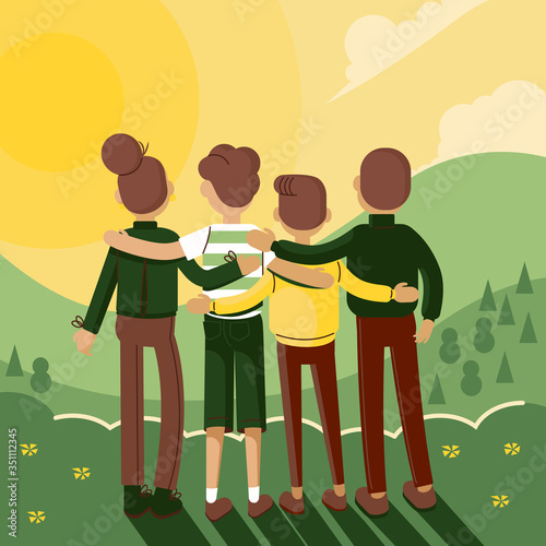 Friends travel together. People stand with their backs to the viewer, hug each other and watch the sunset in a mountain valley. Travel, vacation, holidays and adventure vector concept illustration.
