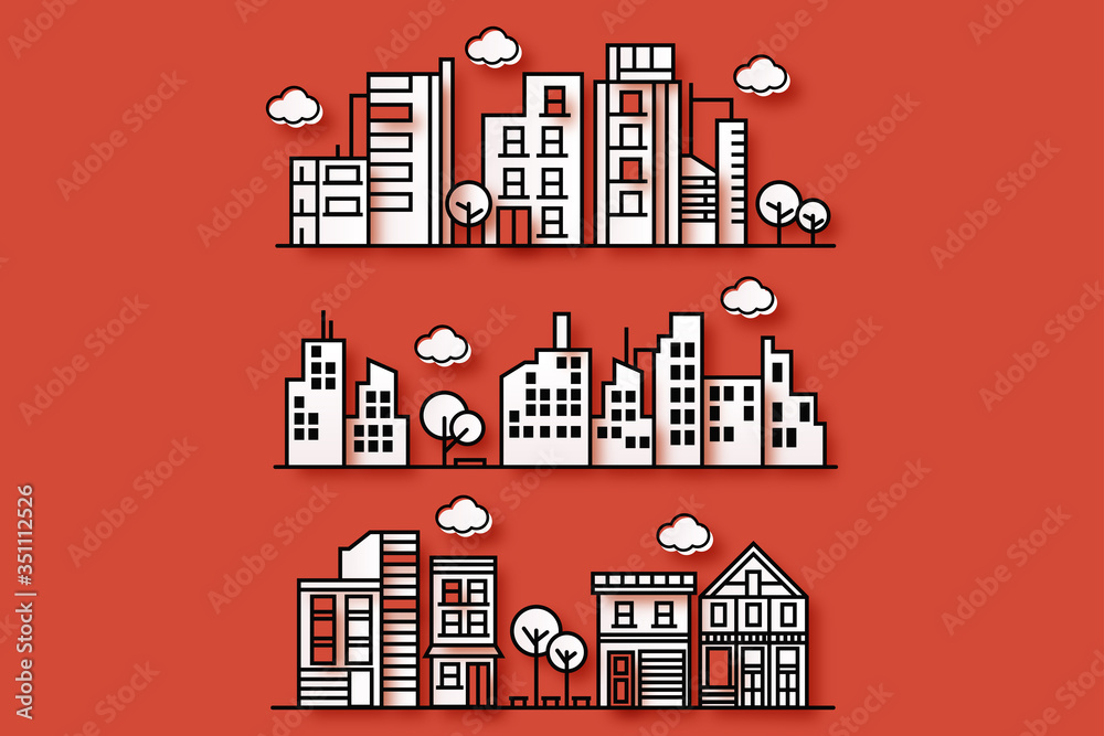 Illustration of a city with various forms of cities in a paper style