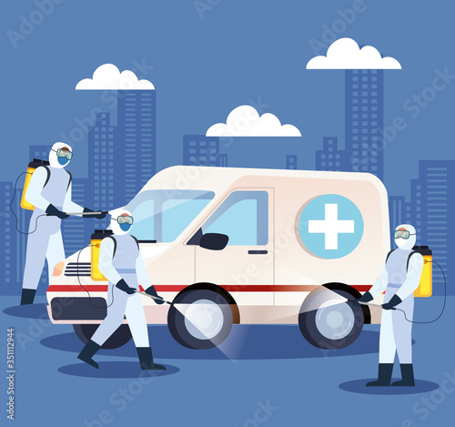 vehicle ambulance disinfectant services for covid 19 disease vector illustration design