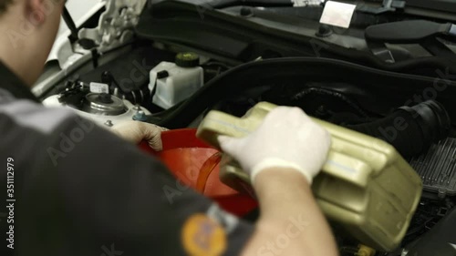 Wallpaper Mural Professional auto mechanic pours fresh engine oil in a modern car engine. Automotive servicing and oil change at a garage workshop. Torontodigital.ca