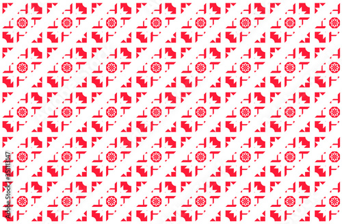 Diagonal bands of red abstract shapes in a repeating pattern on a white background