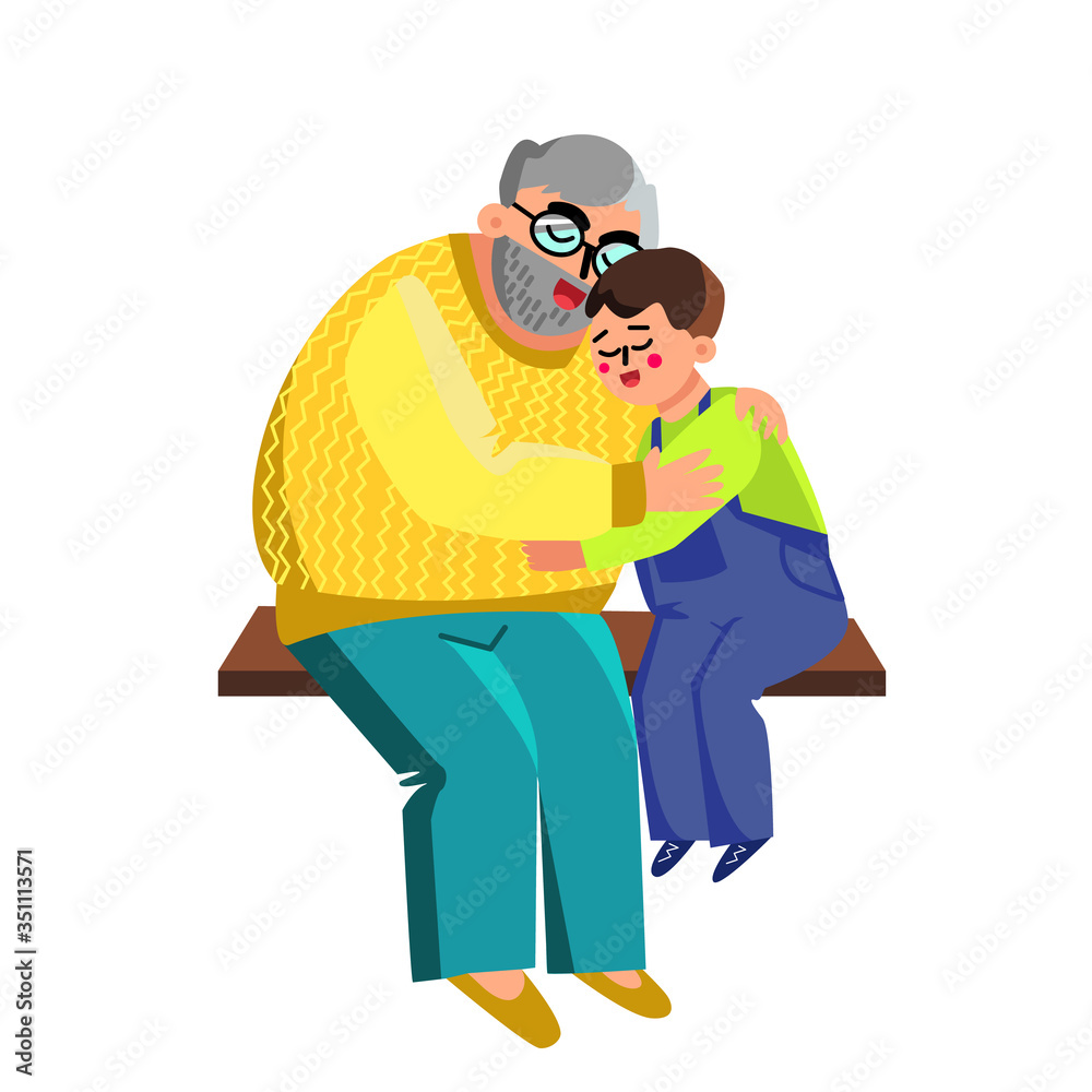 Grandfather Hugging Grandson On Branch Vector Illustration