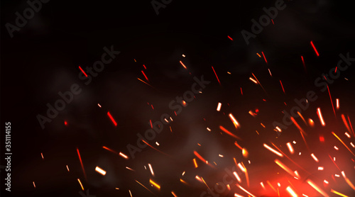 Weld sparks or metal cutting blade work background. Realistic firework, petard flare or steaming campfire. Bright light of electric circular saw, flying sparkling scintilla on black 3d vector backdrop photo