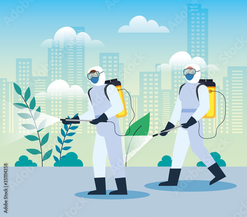 people with protective suit or spraying viruses of covid 19, desinfection virus concept