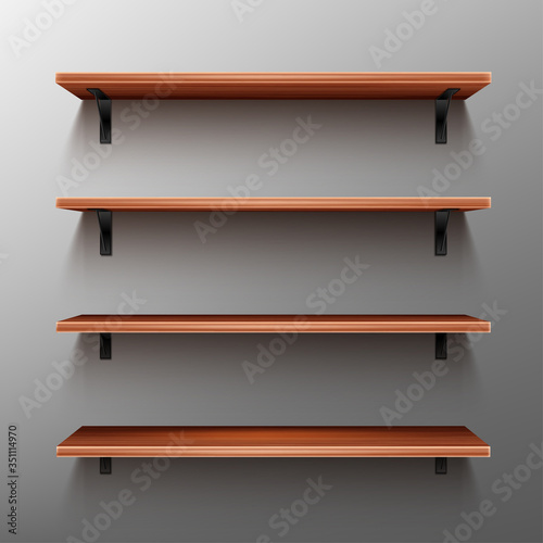 Empty wooden shelves on gray wall. Vector realistic mockup of bookshelves in home or library, wood rack in store, brown timber planks for storage or exhibition in gallery