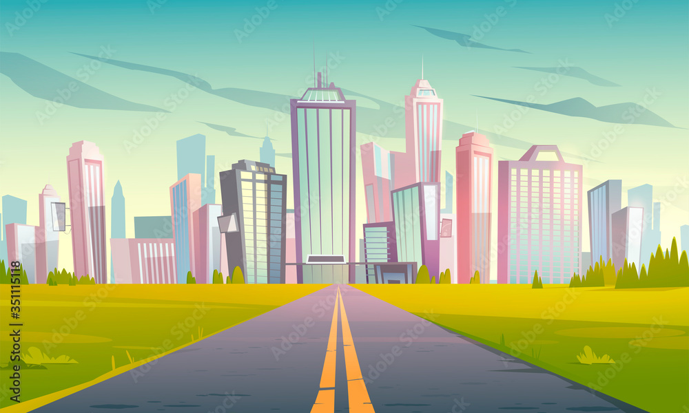 Road to city with skyscrapers, office buildings and houses. Vector cartoon urban landscape with empty suburban highway, green grass and modern town on skyline. Summer cityscape