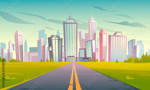 Road to city with skyscrapers, office buildings and houses. Vector cartoon urban landscape with empty suburban highway, green grass and modern town on skyline. Summer cityscape