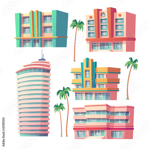 Modern hotel or office buildings isolated on white background. Vector cartoon set of commercial or business buildings exteriors. Tropical hotels for tourist resort and palm trees
