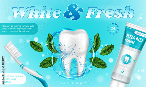 Toothpaste tube, brush and tooth in water splash with mint leaves. Vector realistic brand poster with product for dental care, paste for oral clean and whitening. Promo banner, advertising background