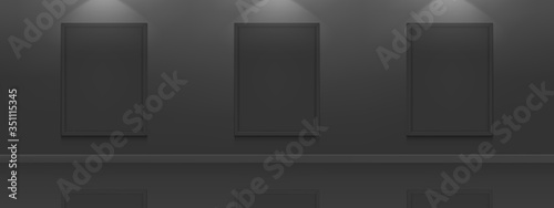 Black movie posters mockup. Blank picture frames on dark wall background in cinema, theater, museum or gallery interior. Empty advertising banners with border and backlight realistic 3d vector mock up