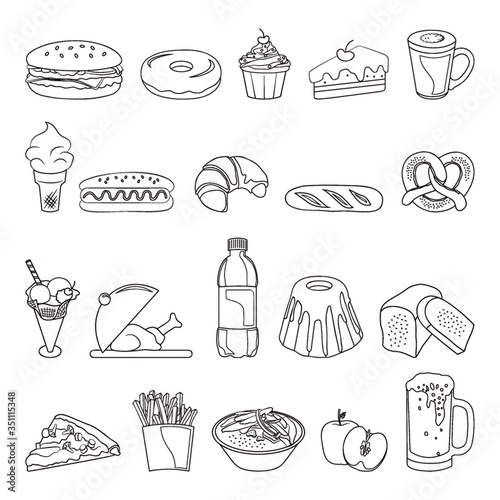 A collection of food items, linear illustration.