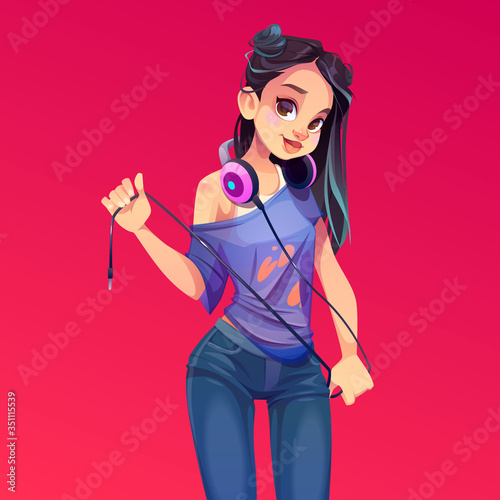 Dj girl in headphones, modern clothes and trendy hairstyle holding wire. Young sexy woman disc jockey party maker in teenager t-shirt and jeance isolated on red background. Cartoon vector illustration