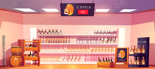 Alcohol shop with bottles, wooden rack, shelves, barrels and advertising stand. Vector cartoon interior of alcoholic drinks market with bottles of wine, beer and whiskey on showcase