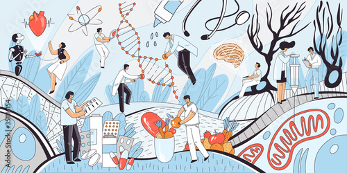 Vector flat medical concept illustration. Heart and brain check up, genetic and cells research, drug and vitamins spot illustrations in one composition with doctor, scientists characters