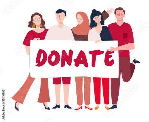 Volunteers campaign holding banner to invite people make donation modern flat cartoon style.