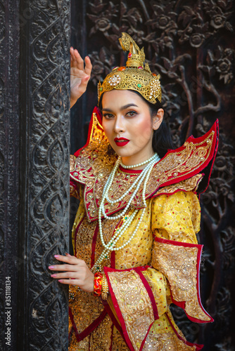Beautiful asian portrait women in myanmar traditional costumes