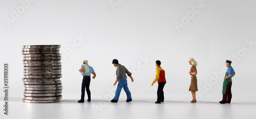 Any of various miniature people lining up beside a pile of coins.
