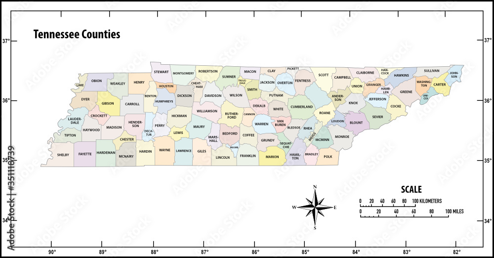 Tennessee state outline administrative and political vector map in