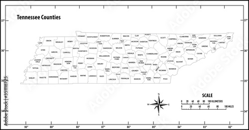 Tennessee state outline administrative and political vector map in black and white