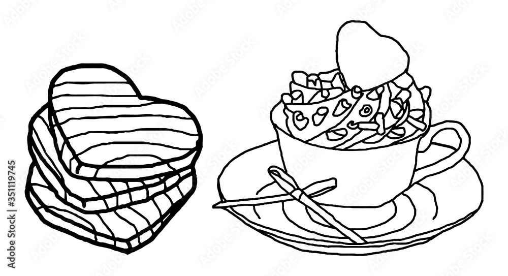 Heart cookies and hot drink with cream, vector illustrations set Heart cookies and hot drink with cream, vector illustrations set