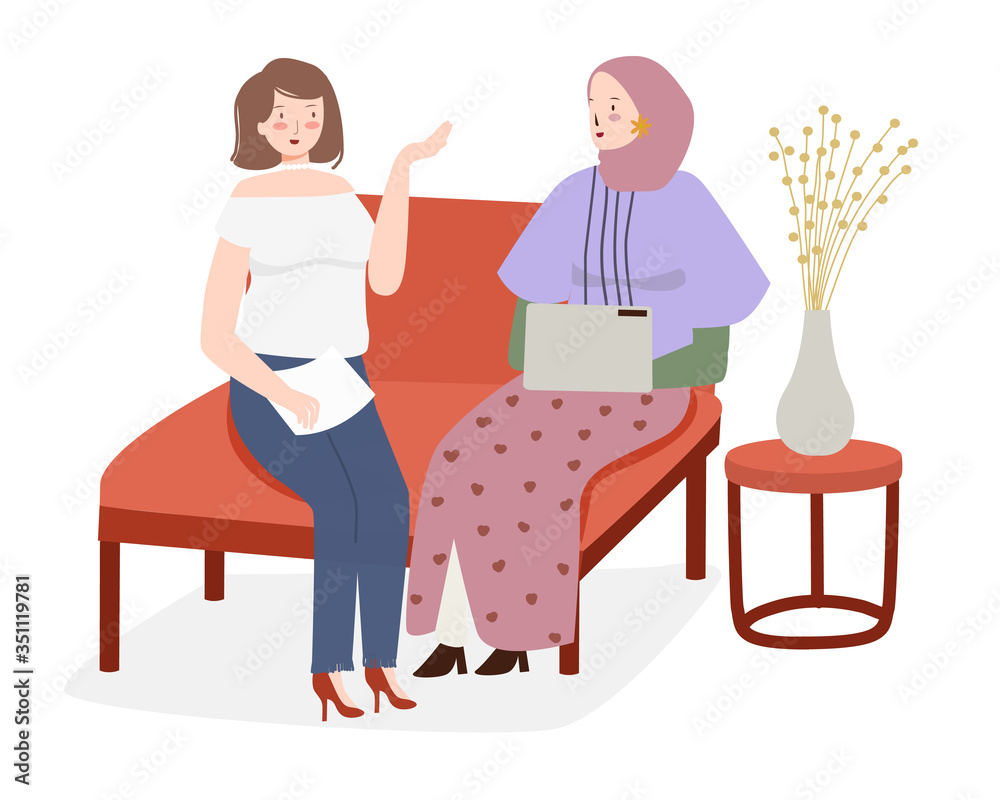 interview woman with mass media reporter. sit on sofa talk show interview woman with mass media reporter. sit on sofa talk show