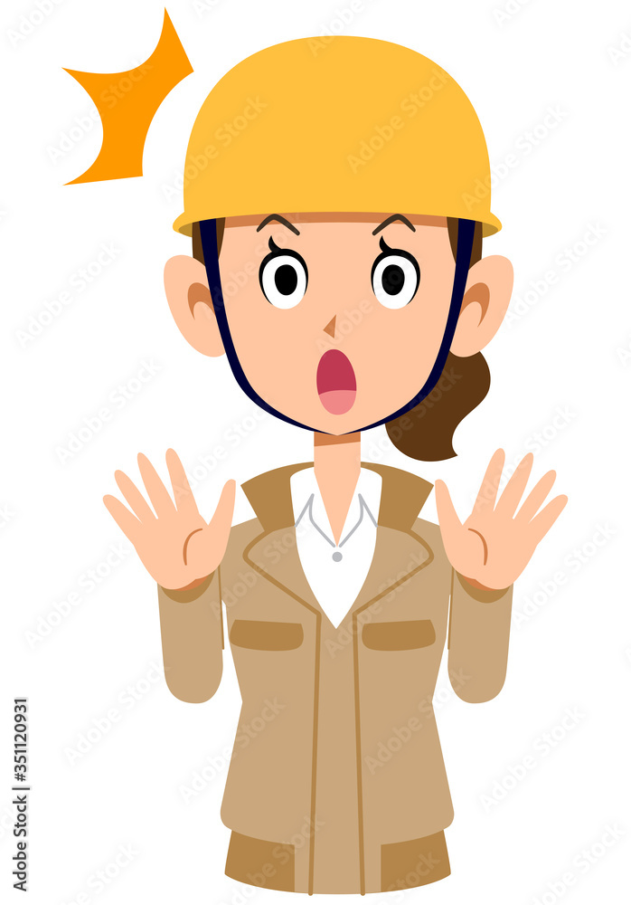 驚くベージュ色の作業着を着てヘルメットを被った女性
