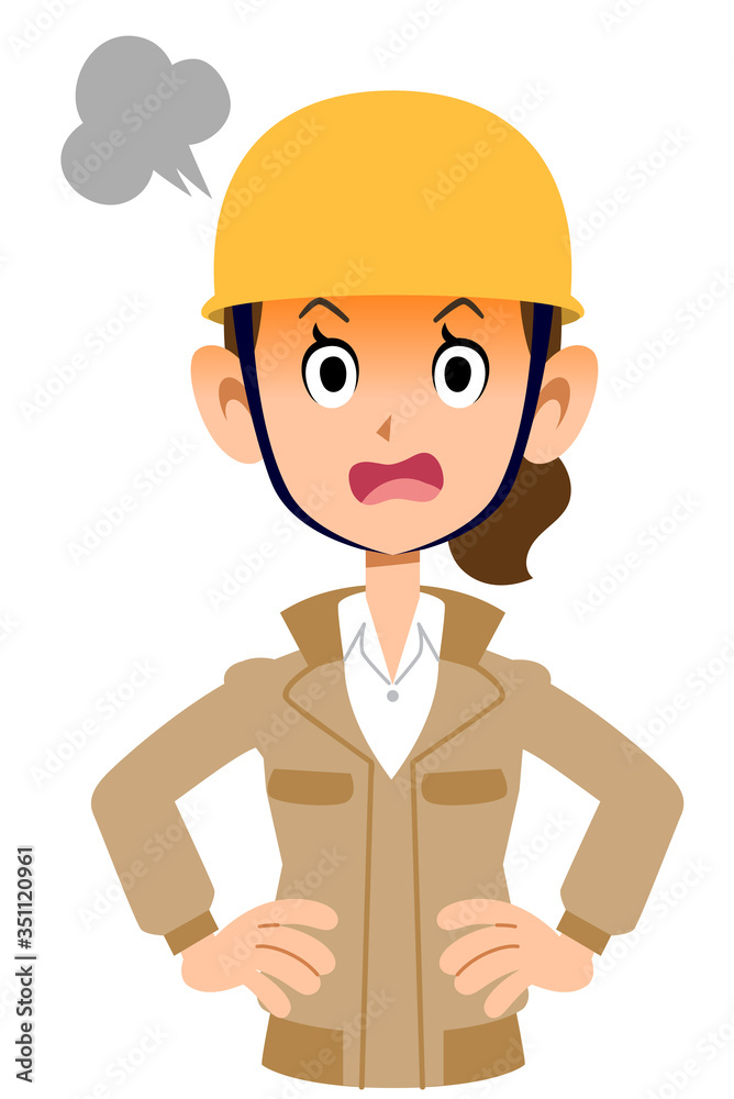 怒るベージュ色の作業着を着てヘルメットを被った女性
