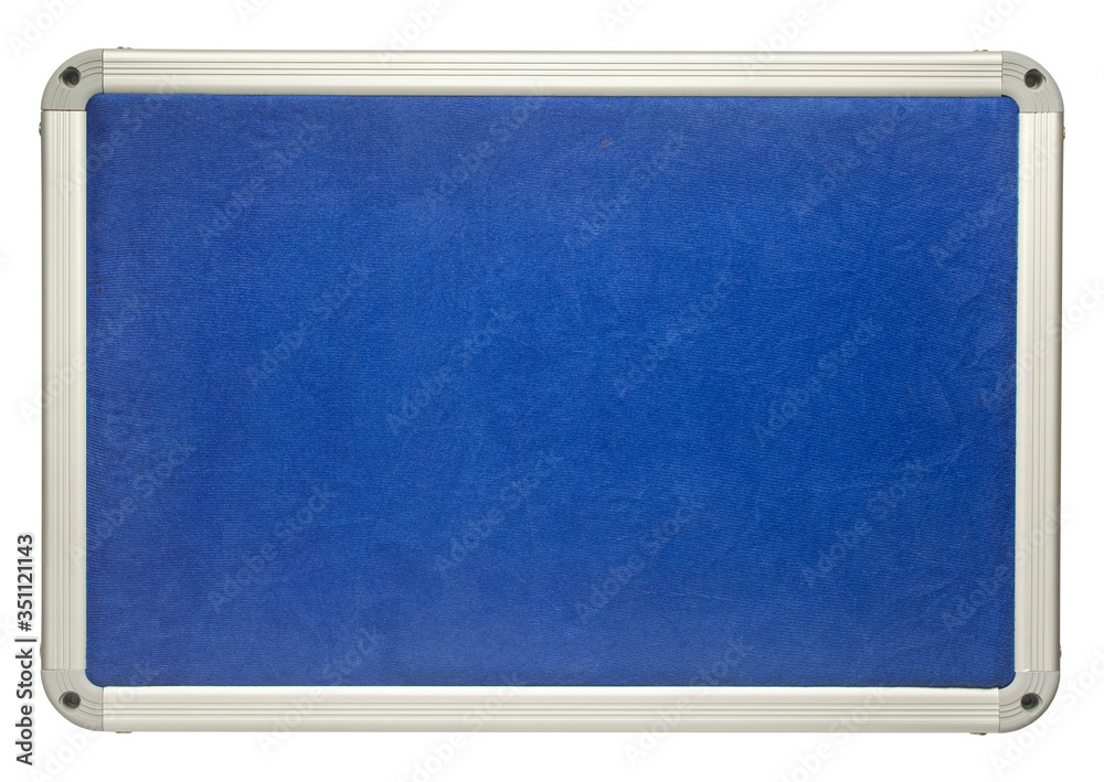 Fototapeta premium Blank push-pin bulletin board with soft cloth surface, isolated on white background. Modern, metallic color frame.