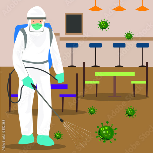 Vector illustration of a coronary injection (Covid-19) personnel sterilizing spray in The restaurant.