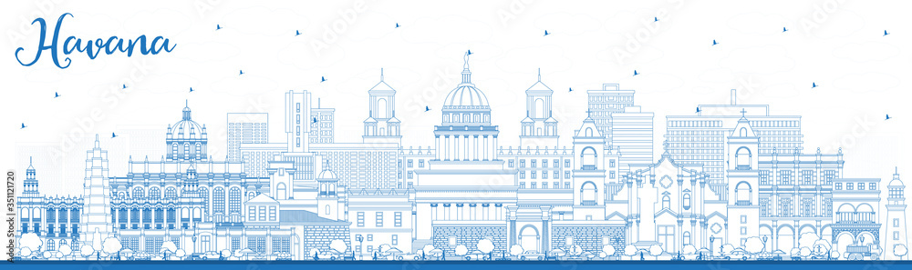 Outline Havana Cuba City Skyline with Blue Buildings.