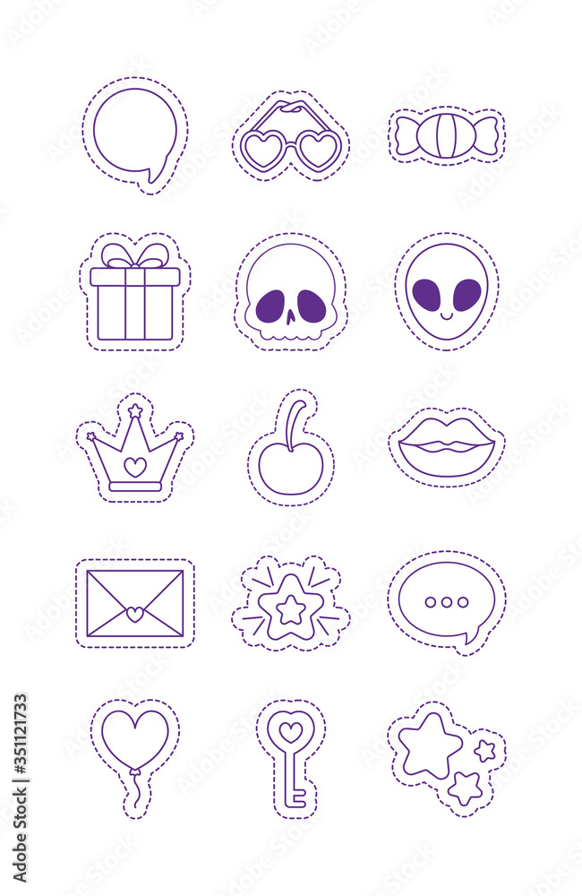 Cute patches line style icon set vector design Cute patches line style icon set vector design