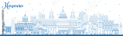 Outline Havana Cuba City Skyline with Blue Buildings.