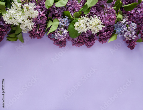 Flower composition. Border of spring flowers of fragrant lilac  Syringa vulgaris  on a light purple background. Free space. Top view.