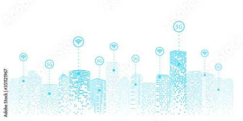 5G network wireless systems and internet of things, Smart city and communication network with Modern city model. Connect global wireless.