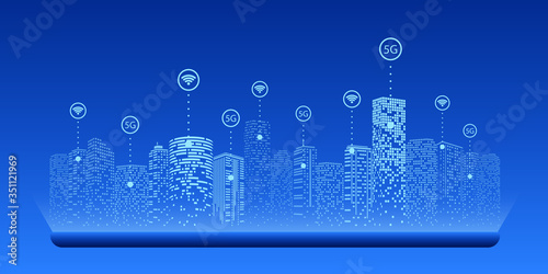 5G network wireless systems and internet of things, Smart city and communication network with Modern city model on smartphone and objects icon connecting together, Connect global wireless.