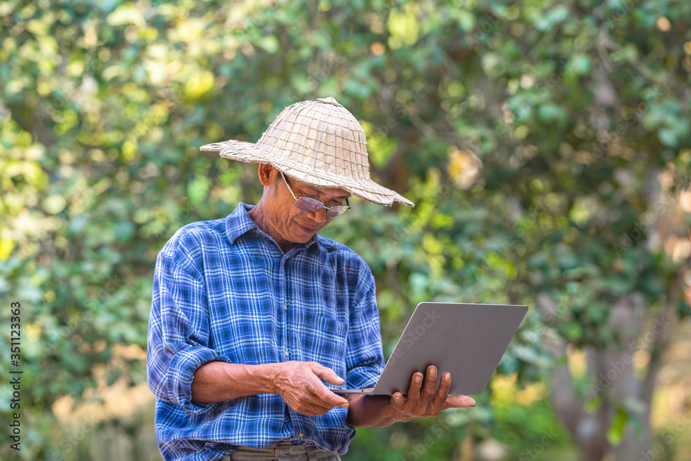 Asian man farmer with smart phone and laptop business and technology concept,Asian man farmer on empty copy space