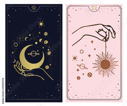 Cosmos tarot cards are created by the hands of God. Hands are set in a simple flat esoteric Boho style. esoteric collection of logos with various symbols such as a planetary cosmic star, gold and pink