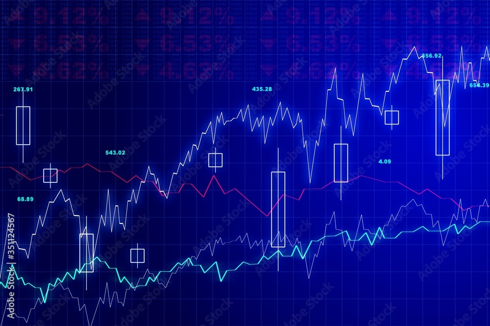 Abstract growing financial chart with candlesticks on a blue background. Forex concept. 3D Rendering