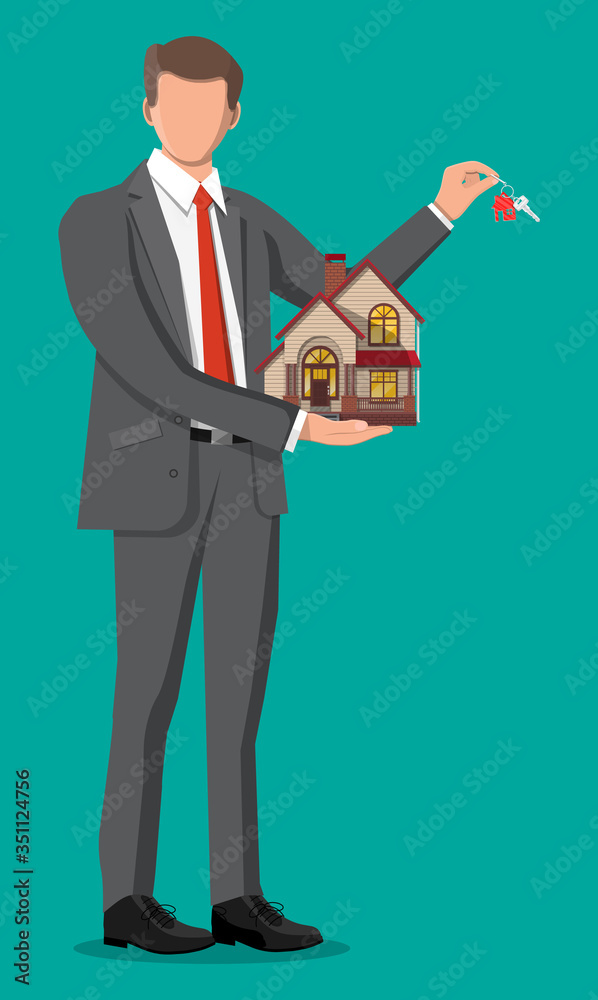 Businessman holding house building and key. Real estate agent or realtor in suit. Countryside wooden house. Mortgage, property and investment. Buy sell or rent realty. Flat vector illustration Businessman holding house building and key. Real estate agent or realtor in suit. Countryside wooden house. Mortgage, property and investment. Buy sell or rent realty. Flat vector illustration