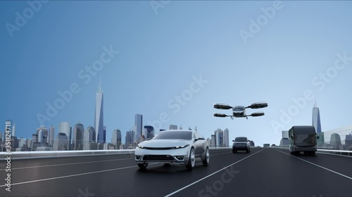 Autonomous car on highway roads with flying Drone taxi. Various Internet of Things icon, 4k animation.2. photo