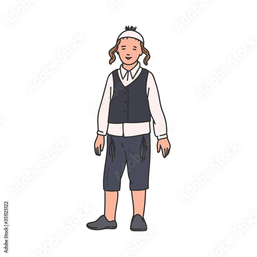 Jewish boy character in traditional suit sketch vector illustration isolated.